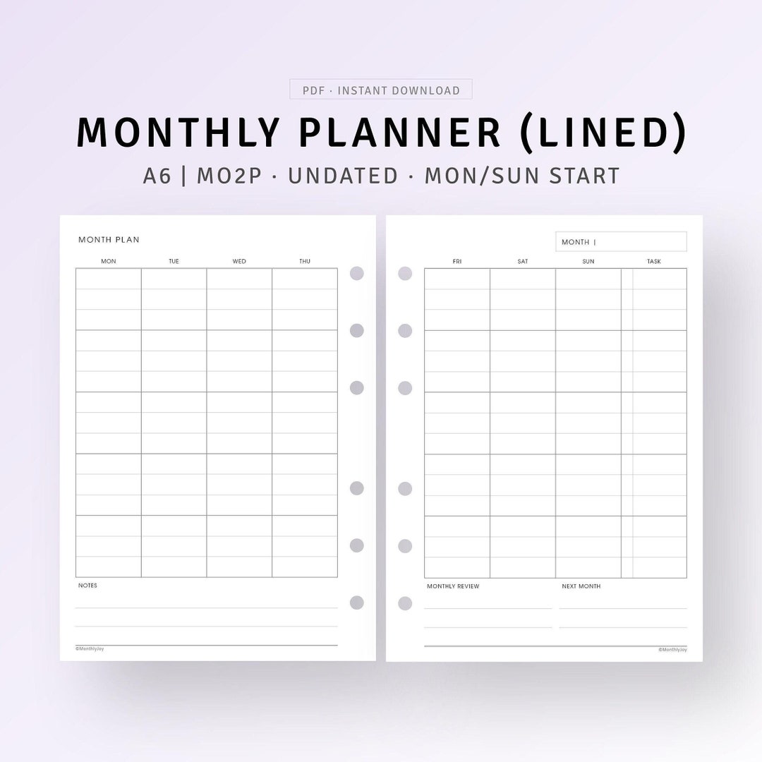 Undated Monthly Planner A6 Inserts Printable Lined Monthly Template ...