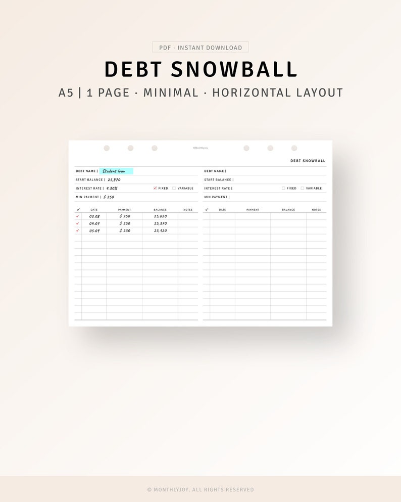A5 Ring Debt Snowball Payment Tracker Printable Student Loan - Etsy