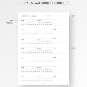May include: A black and white printable planner page with a section for a watering schedule. The page is divided into seven blocks, each with a section for the plant name, periodicity, date, and notes. The page also includes the text "DETAILS (WATERING SCHEDULE)" and "MONTHLYJOY. ALL RIGHTS RESERVED".