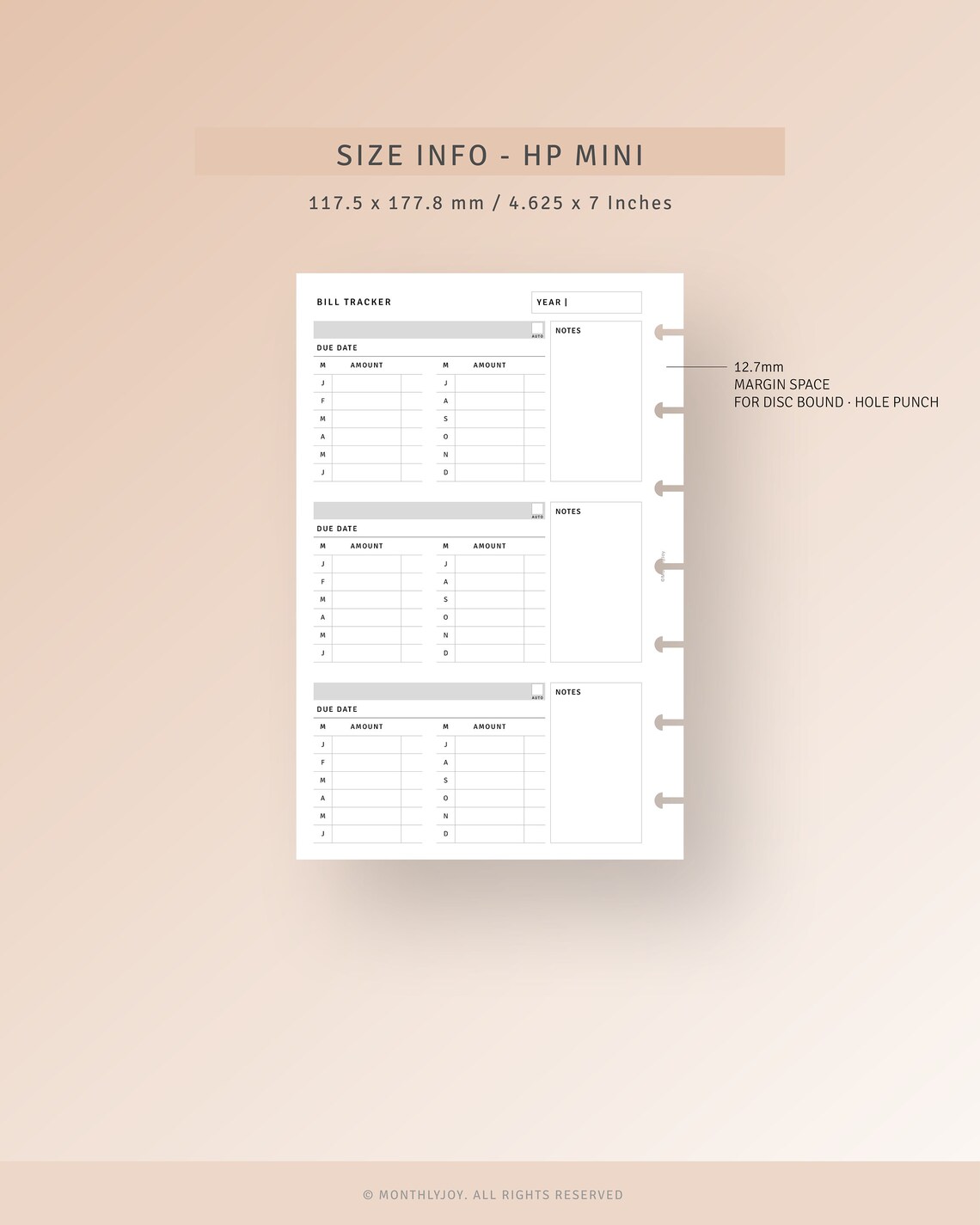 Bill Calendar Printable HP Mini Inserts, Yearly Spending Log Template ...