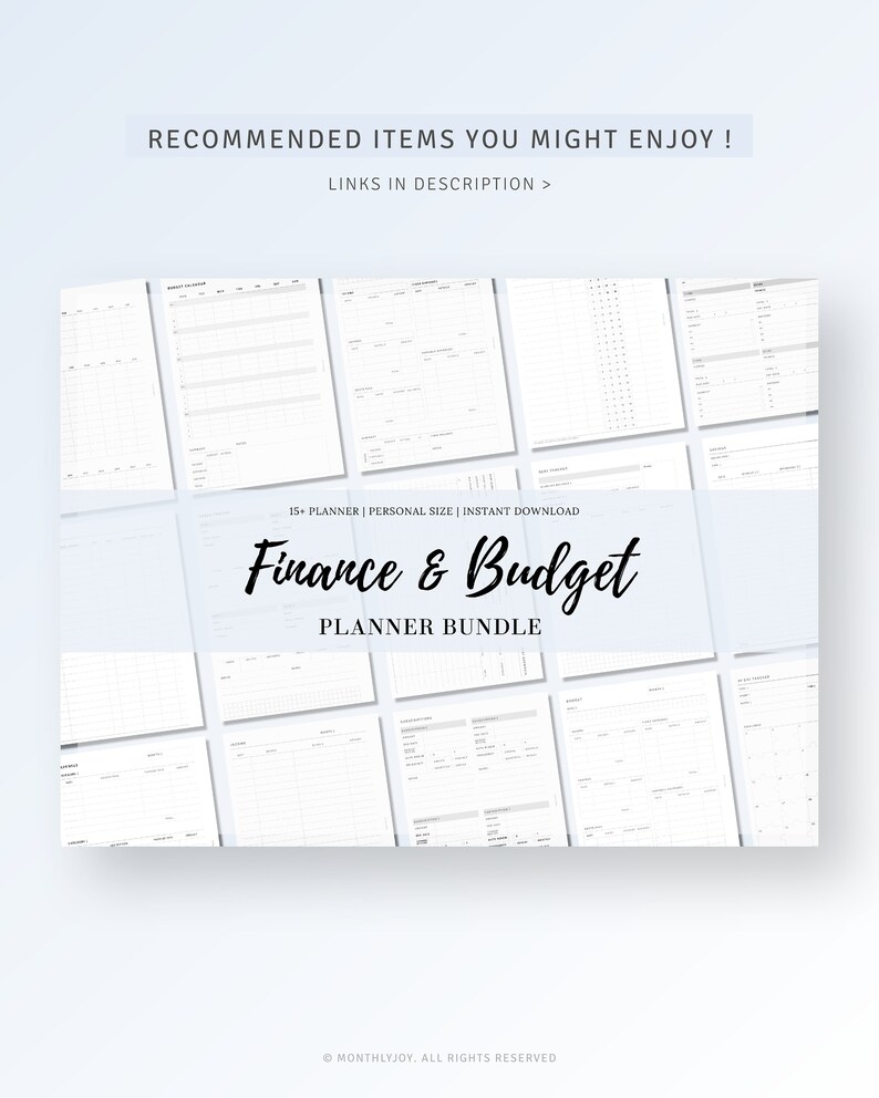 K&ouml;nnte beinhalten: Ein digitales, druckbares Planer-Paket f&uuml;r pers&ouml;nliche Finanzen und Budgetierung. Das Paket enth&auml;lt &uuml;ber 15 Planer im pers&ouml;nlichen Format. Der Text "Finance & Budget Planner Bundle" ist in Schwarz auf wei&szlig;em Hintergrund dargestellt.