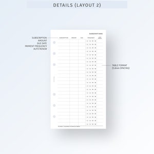 K&ouml;nnte beinhalten: Eine druckbare Planerseite mit einem Tabellenformat zur Verfolgung von Abonnements. Die Tabelle enth&auml;lt Spalten f&uuml;r den Abonnementnamen, den Betrag, das F&auml;lligkeitsdatum, die H&auml;ufigkeit und die automatische Verl&auml;ngerung. Der Text "DETAILS (LAYOUT 2)" befindet sich oben auf der Seite. Der Text "TABLE FORMAT (5.8mm SPACING)" befindet sich unten auf der Seite.