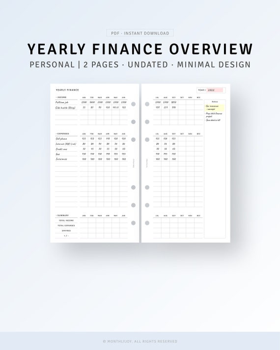Personal | Yearly Finance Overview Printable Bill Organizer, Income Expense, Personal Finance, Money Budgeting Template, Digital Download