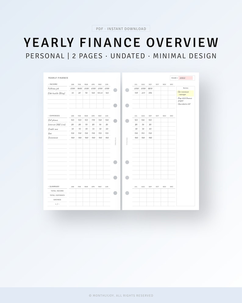 May include: A black and white printable yearly finance overview planner with sections for income, expenses, and a summary. The planner is undated and has a minimal design.