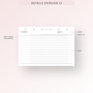 May include: A black and white printable planner page with the text "TRACKERS" and "MONTH 1" at the top. The page is divided into sections for tasks and habits, a monthly calendar, and notes.