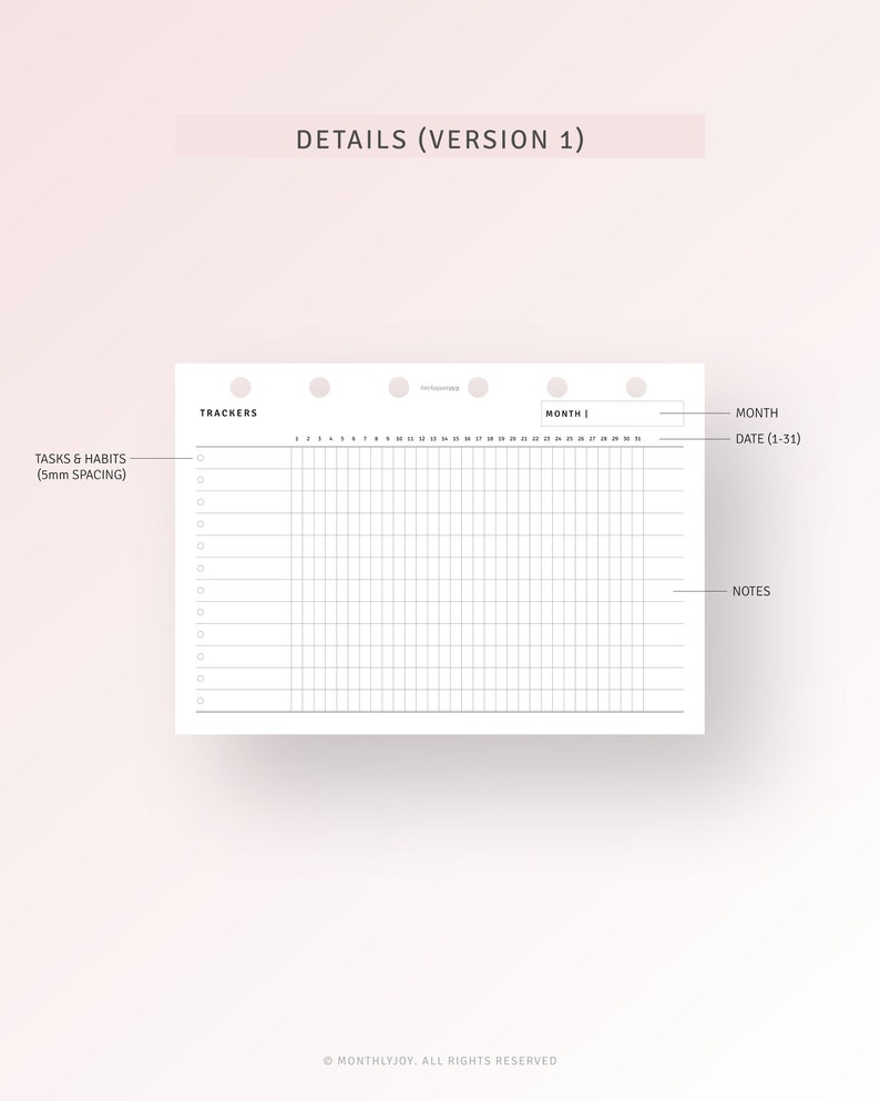 May include: A black and white printable planner page with the text "TRACKERS" and "MONTH 1" at the top. The page is divided into sections for tasks and habits, a monthly calendar, and notes.