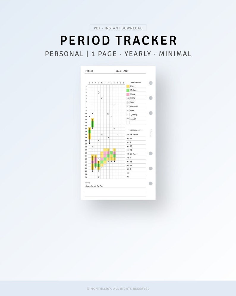 May include: A printable period tracker for the year 2021. The tracker is designed to be minimal and includes a grid for marking the start and end of periods, as well as a section for noting flow intensity and other symptoms. The tracker also includes a section for monthly notes.
