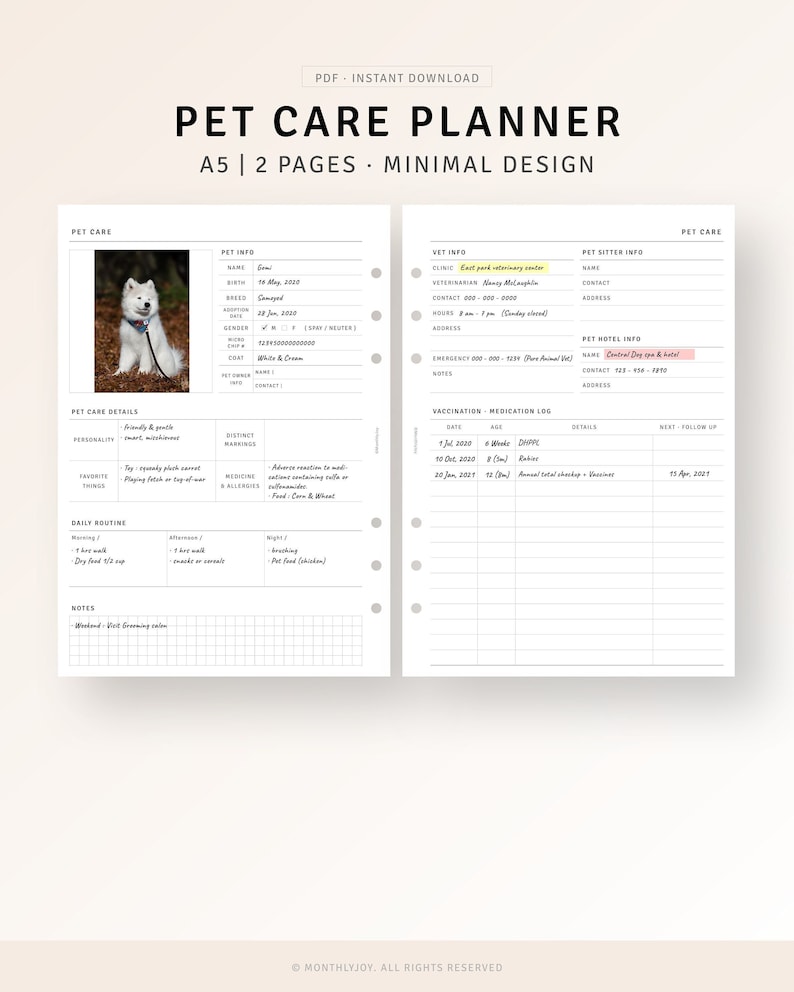 Pet Care Planner Inserts A5 Printable Puppy Health Tracker Planner, Dog ...