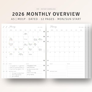 May include: A printable 2026 monthly overview planner with a clean, minimalist design. The planner includes sections for focus, to-do lists, and important dates. The text "2026 MONTHLY OVERVIEW" is at the top. The planner is dated and starts on a Monday.