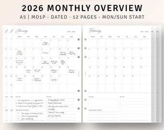 2026 Monthly Overview Planner Printable A5 Inserts, Month on 1 Page, Monday or Sunday Start, Minimal Dated Calendar, Digital Download PDF