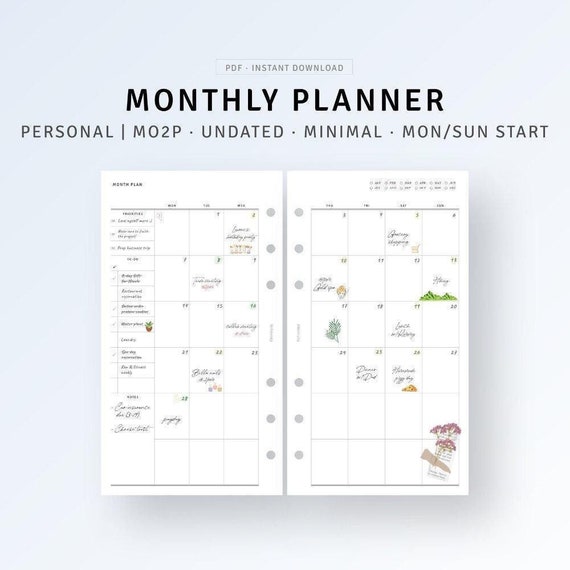 Personal, Printable Monthly Planner with Calendar, Month On Two Pages, Undated Monthly Overview, To do list, Monthly Goals, Digital Download