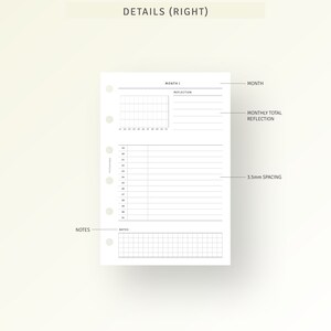 Puede incluir: Una p&aacute;gina de planificador imprimible en blanco y negro con el texto "DETAILS (RIGHT)" en la parte superior. La p&aacute;gina est&aacute; dividida en secciones para "MES", "REFLEXI&Oacute;N", "NOTAS" y "REFLEXI&Oacute;N TOTAL DEL MES". La p&aacute;gina tambi&eacute;n incluye una cuadr&iacute;cula para notas y una secci&oacute;n para tareas diarias con un espacio de 3,5 mm.