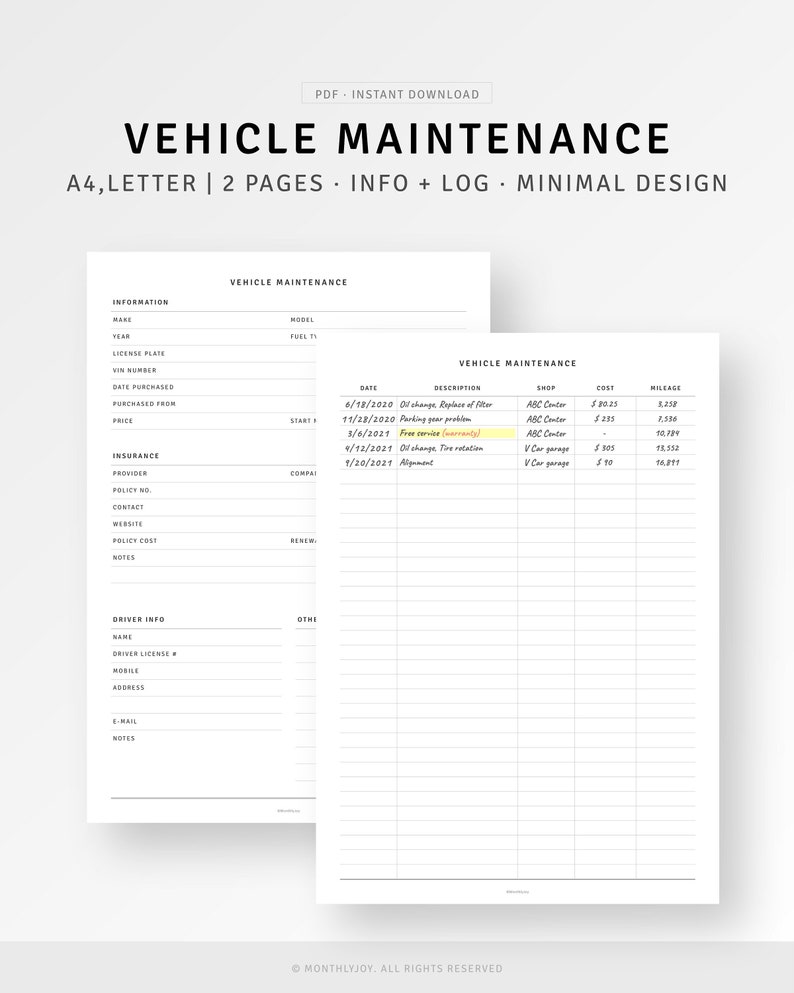 Car Maintenance Log A4 Usletter Planner Printable Vehicle - Etsy