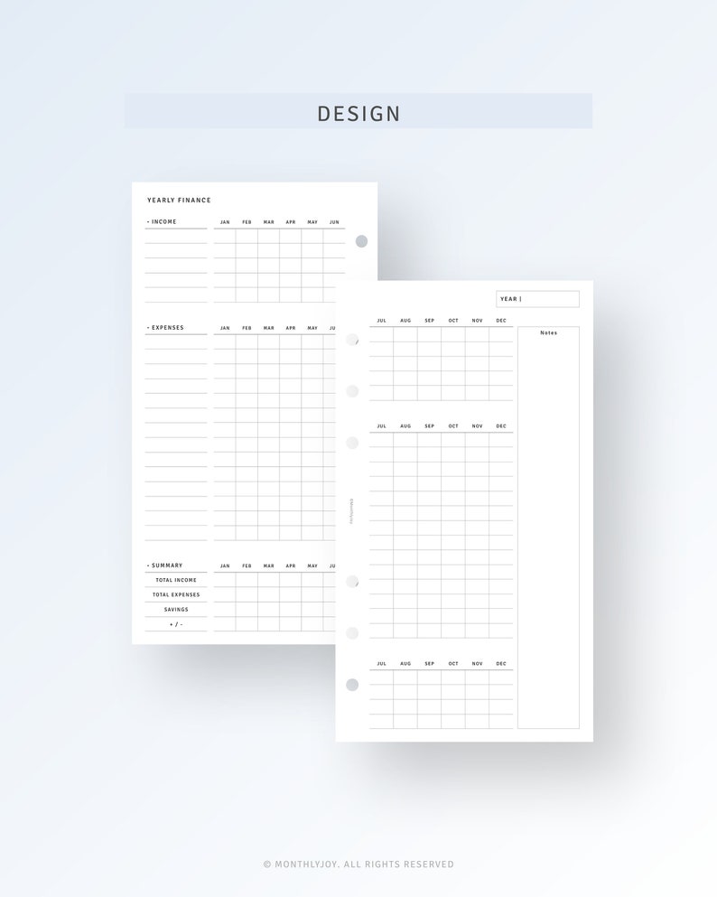 May include: A printable financial planner with sections for yearly income, expenses, and a summary of totals. The planner is designed for use with a disc bound planner system.
