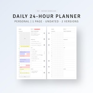 May include: A printable daily 24-hour planner with a white background. The planner includes sections for schedule, priorities, and notes. The text "DAILY 24-HOUR PLANNER" is at the top. The planner is undated and has two versions.