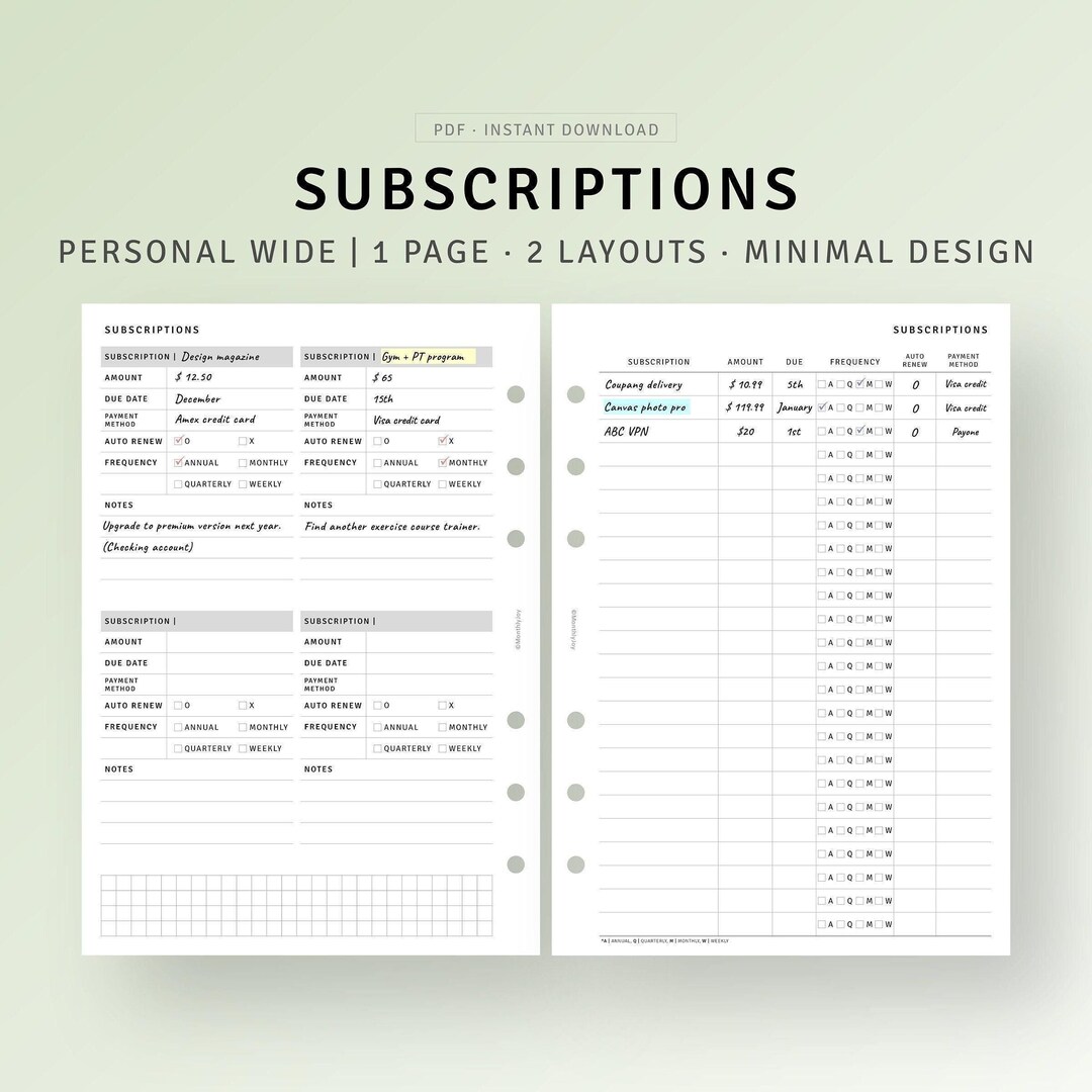Subscription Tracker Printable Personal Wide Inserts, Payment Budget ...