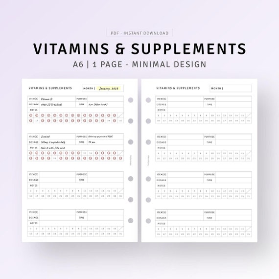 A6 Size, Medication Log Tracker Printable Vitamin Supplement Log, Health Supplement Planner, Daily Pill Organizer List, Digital Download