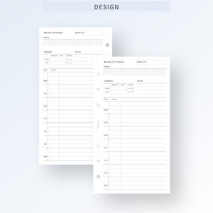 May include: Two printable pages for a weekly fitness planner. Each page has a section for goals, summary, notes, and a grid for tracking daily workouts. The pages are designed for a standard size ring binder.