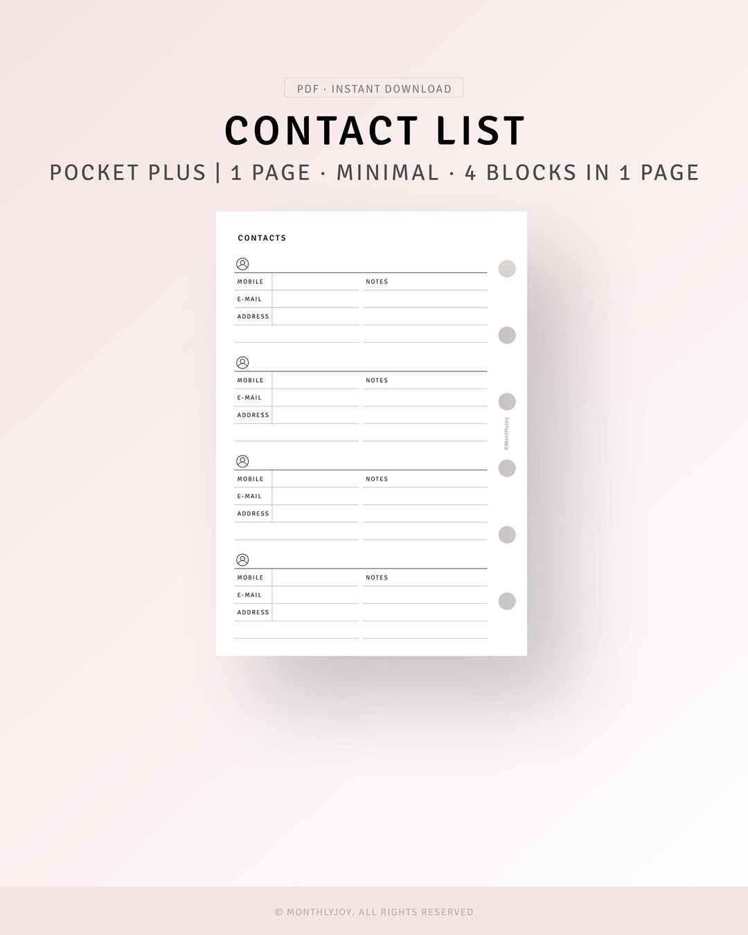 Contacts List Pocket Plus Printable, Important Contact Information ...