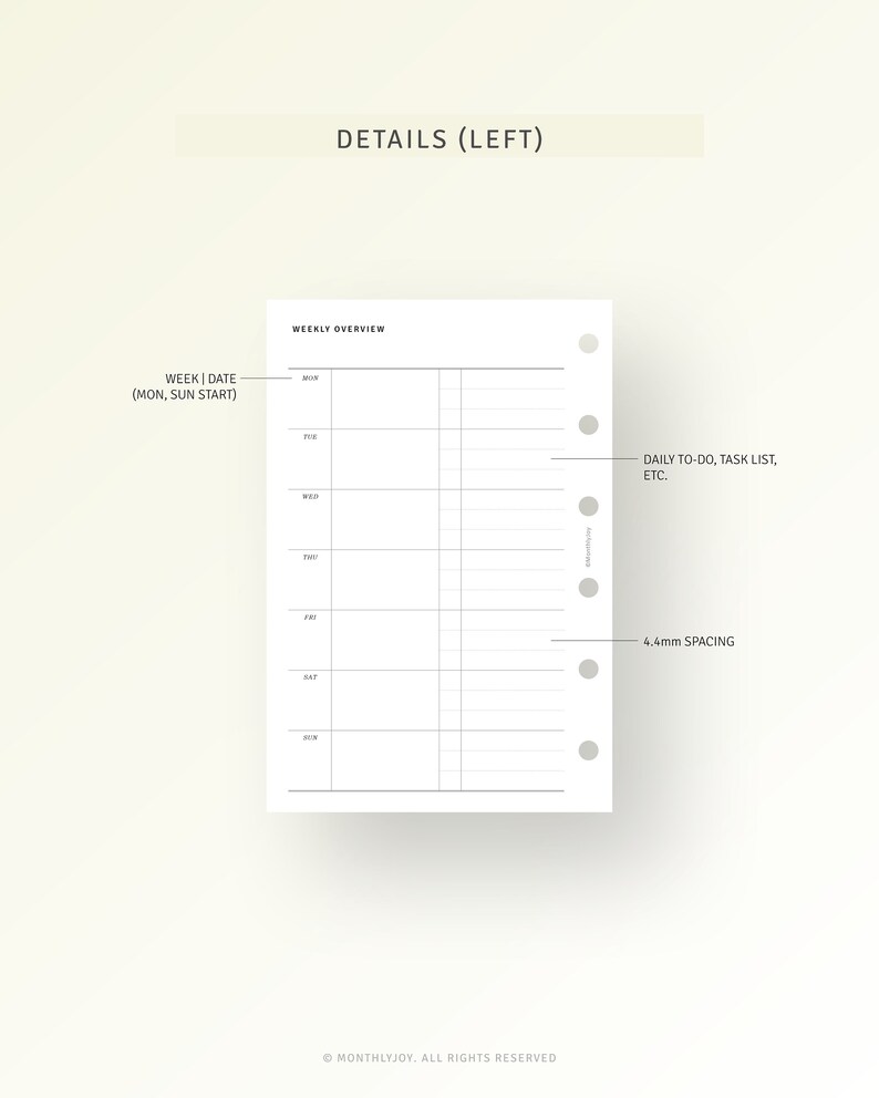 Puede incluir: Una p&aacute;gina de planificador semanal con una secci&oacute;n de resumen semanal y una secci&oacute;n de lista de tareas diarias, etc. La secci&oacute;n de resumen semanal tiene una columna para cada d&iacute;a de la semana, con l&iacute;neas para escribir citas y tareas. La secci&oacute;n de lista de tareas diarias, etc. tiene un espacio para escribir una lista de tareas. La p&aacute;gina est&aacute; dise&ntilde;ada para usar con un planificador personal.