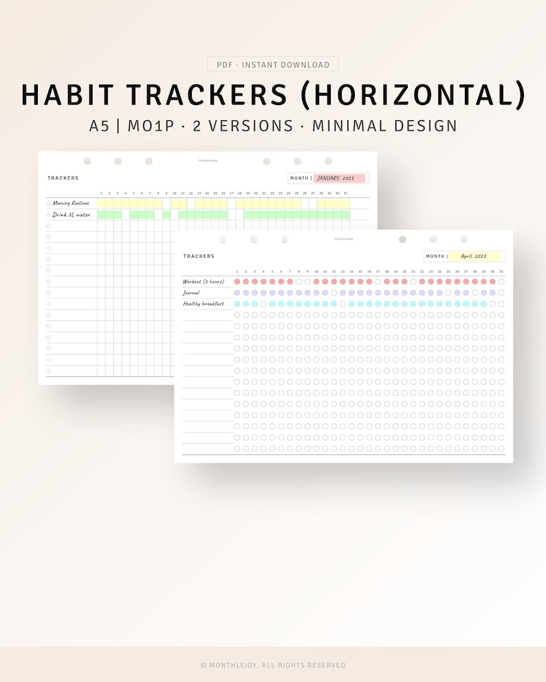 May include: Two printable habit tracker pages in a minimalist design. The first page has a calendar for January 2023 and a section for tracking morning routines and water intake. The second page has a calendar for April 2025 and a section for tracking workouts, journaling, and healthy breakfasts.
