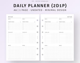 May include: A printable daily planner template in A6 size with two pages per sheet. The planner has sections for date, today's focus, to-do list, and notes. The template is undated and has a minimal design.