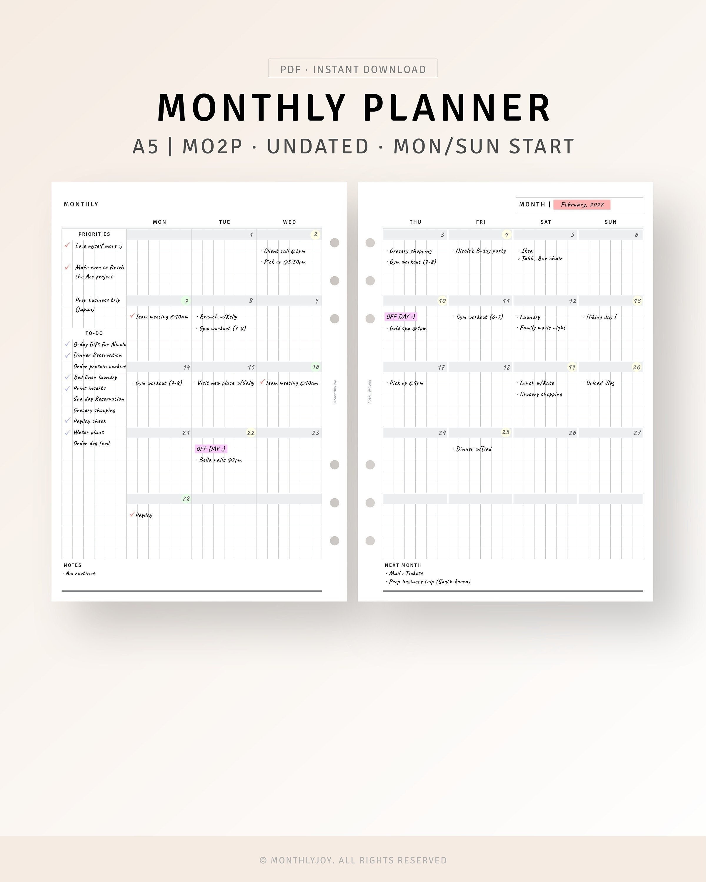 Undated Monthly Planner A5 Inserts Printable Hobo Style Monthly ...
