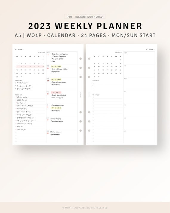 A5 Inserts 2023 Weekly Planner PDF Printable Refill Weekly Etsy