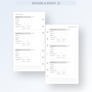 K&ouml;nnte beinhalten: Eine druckbare Planerseite mit einem grau-wei&szlig;en Design. Die Seite ist in Abschnitte f&uuml;r Abonnements, Notizen und ein Raster unterteilt. Die Seite enth&auml;lt &Uuml;berschriften f&uuml;r Betrag, F&auml;lligkeitstermin, Zahlungsmethode, automatische Verl&auml;ngerung und H&auml;ufigkeit. Die Seite ist f&uuml;r die Verwendung mit einem Ringbuchplaner konzipiert.