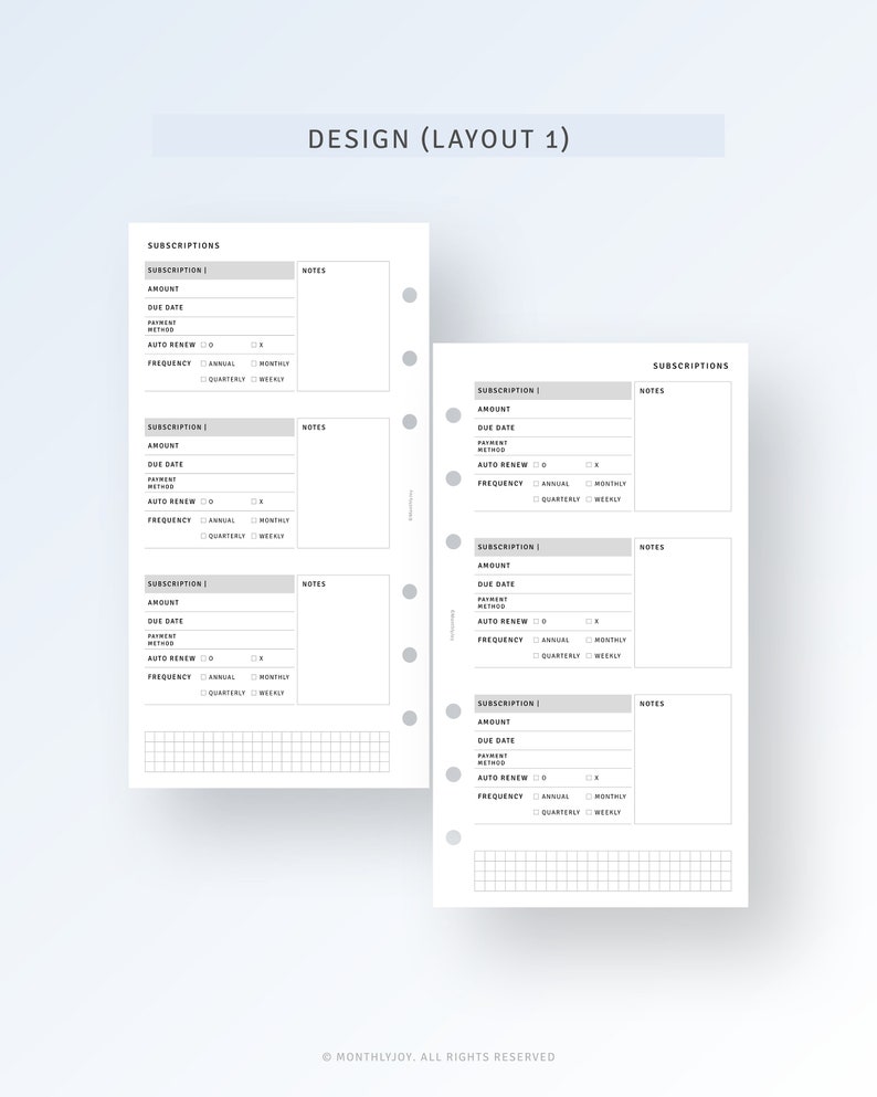 K&ouml;nnte beinhalten: Eine druckbare Planerseite mit einem grau-wei&szlig;en Design. Die Seite ist in Abschnitte f&uuml;r Abonnements, Notizen und ein Raster unterteilt. Die Seite enth&auml;lt &Uuml;berschriften f&uuml;r Betrag, F&auml;lligkeitstermin, Zahlungsmethode, automatische Verl&auml;ngerung und H&auml;ufigkeit. Die Seite ist f&uuml;r die Verwendung mit einem Ringbuchplaner konzipiert.