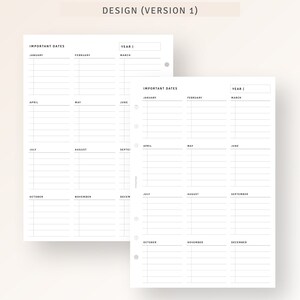 Puede incluir: Dos p&aacute;ginas imprimibles para una agenda o un diario. Las p&aacute;ginas est&aacute;n divididas en 12 meses, con espacio para escribir las fechas importantes de cada mes. Las p&aacute;ginas est&aacute;n dise&ntilde;adas para ser utilizadas con una agenda de anillas.