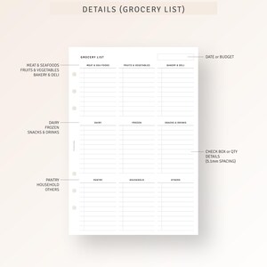 May include: A printable grocery list template with sections for meat and seafood, fruits and vegetables, bakery and deli, dairy, frozen, snacks and drinks, pantry, household, and others. The template includes check boxes for quantity and details.