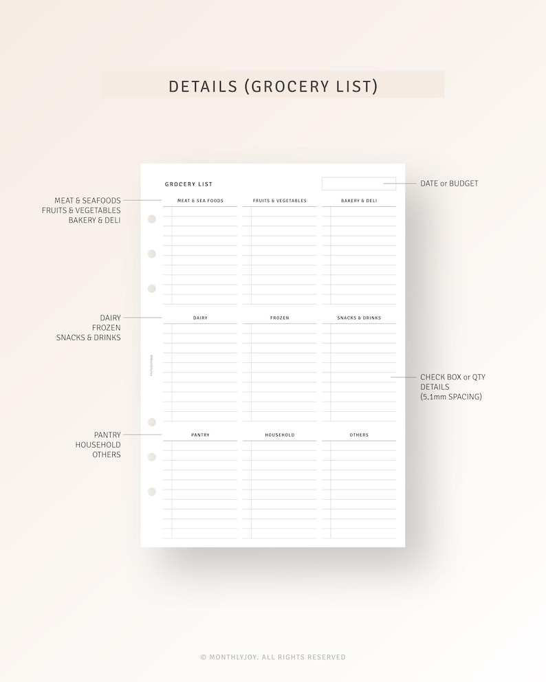 May include: A printable grocery list template with sections for meat and seafood, fruits and vegetables, bakery and deli, dairy, frozen, snacks and drinks, pantry, household, and others. The template includes check boxes for quantity and details.