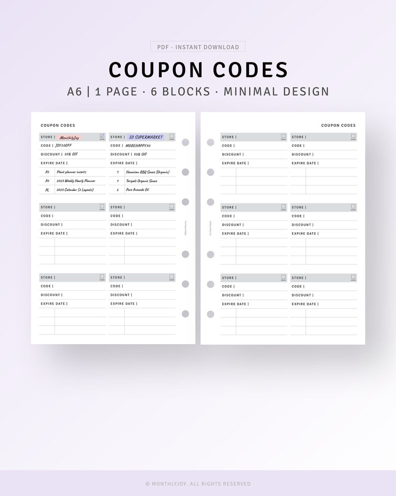 Coupon Codes Tracker A6 Inserts, Shopping Discount Code Log Template, Sale Checklist, Store Coupon Code List Organizer, Discount Tracker image 1