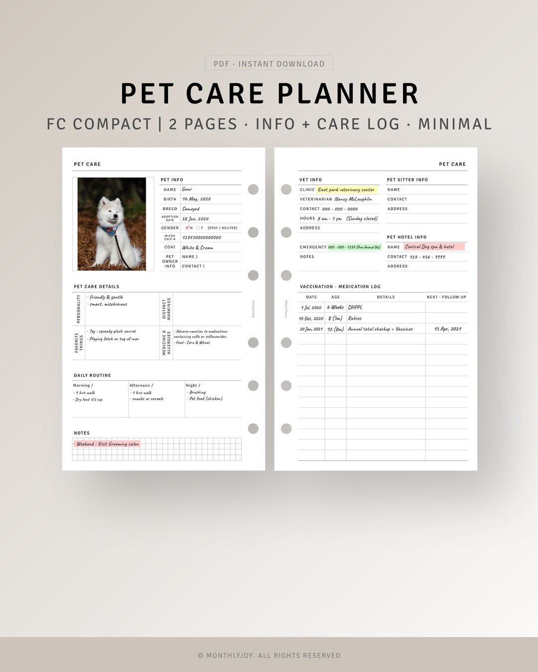 Pet Planner Printable FC Compact Inserts, Puppy Health Records, Pet ...