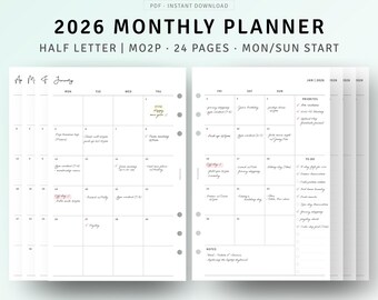 Planejador mensal 2026, calendário impresso com meia letra e data, recarga, páginas mínimas de programação mensal, mês em 2 páginas, download instantâneo
