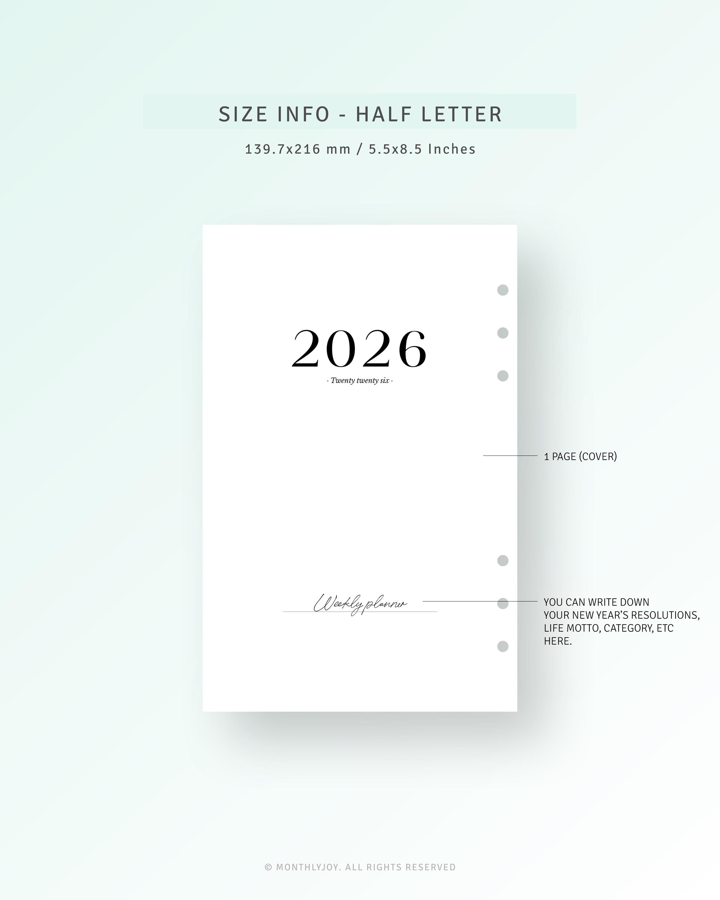 2026 Weekly Hourly Planner Half Size, WO2P Inserts Dated Printable ...