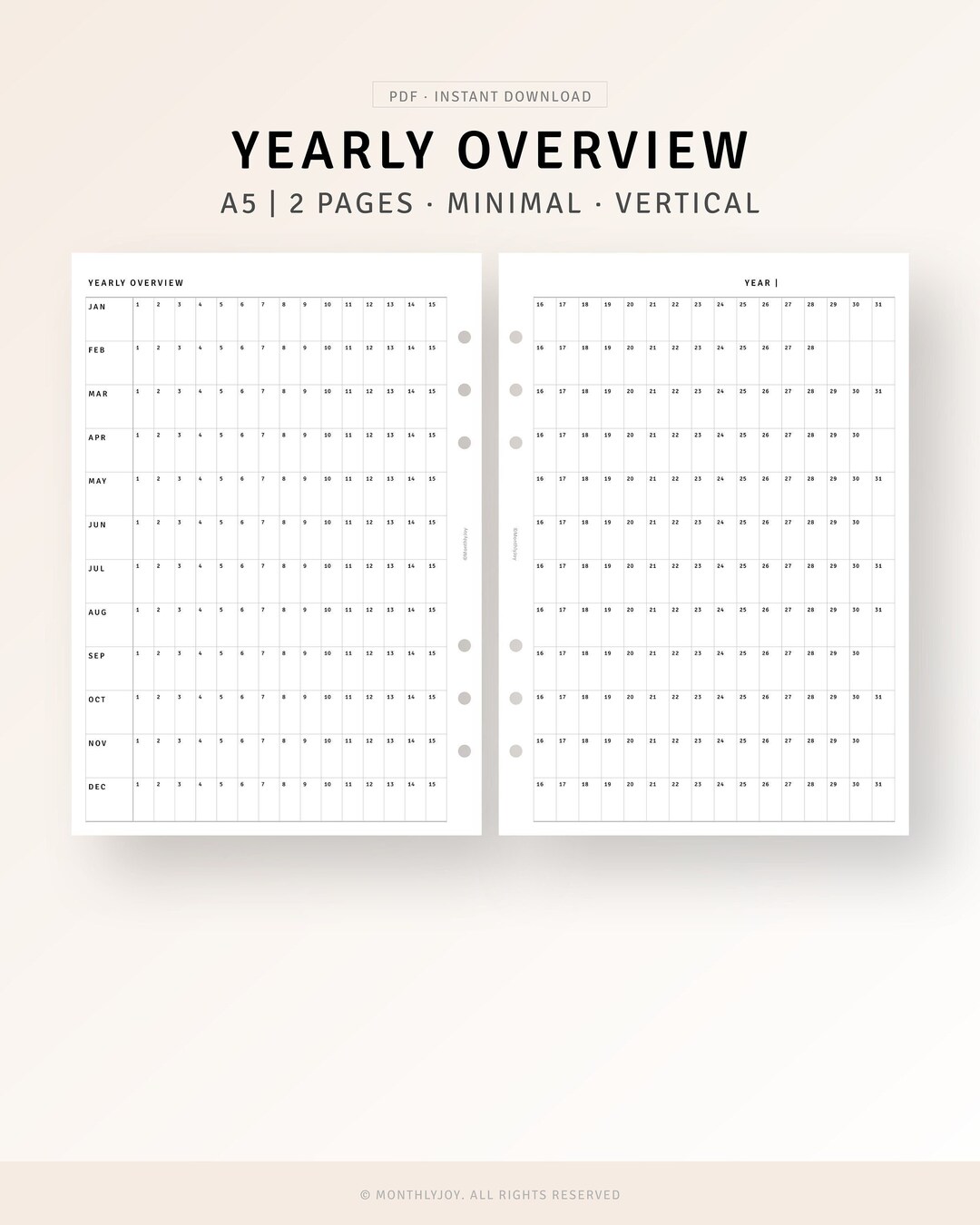 Year at A Glance A5 Planner Inserts, Undated Yearly Planner Printable ...