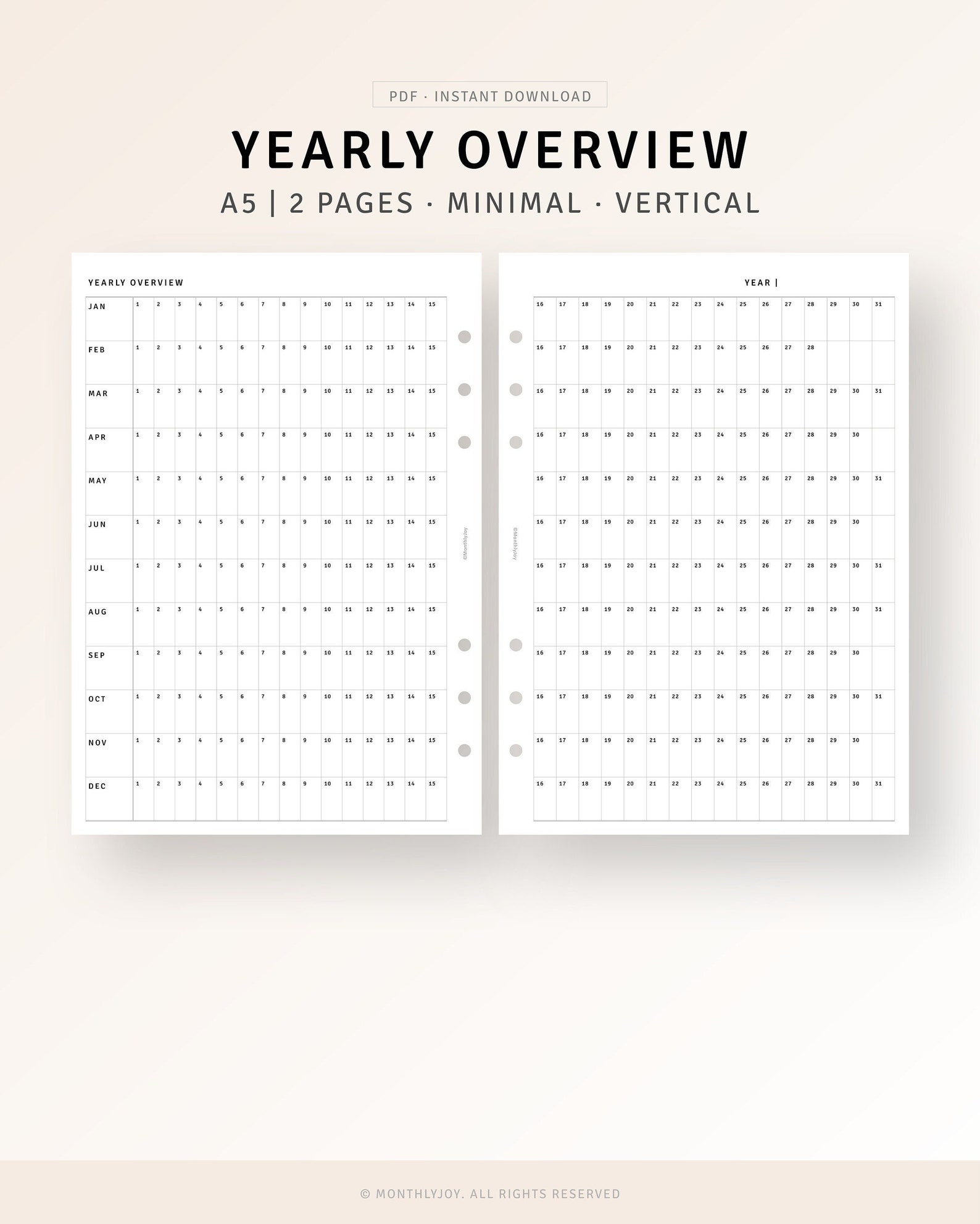 Year at A Glance A5 Planner Inserts, Undated Yearly Planner Printable ...