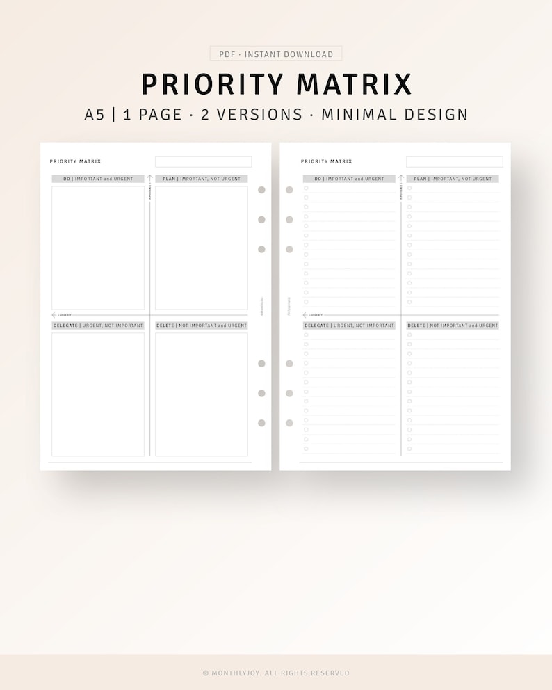 Priority Matrix Template A5 Printable Inserts, Productivity Planner ...