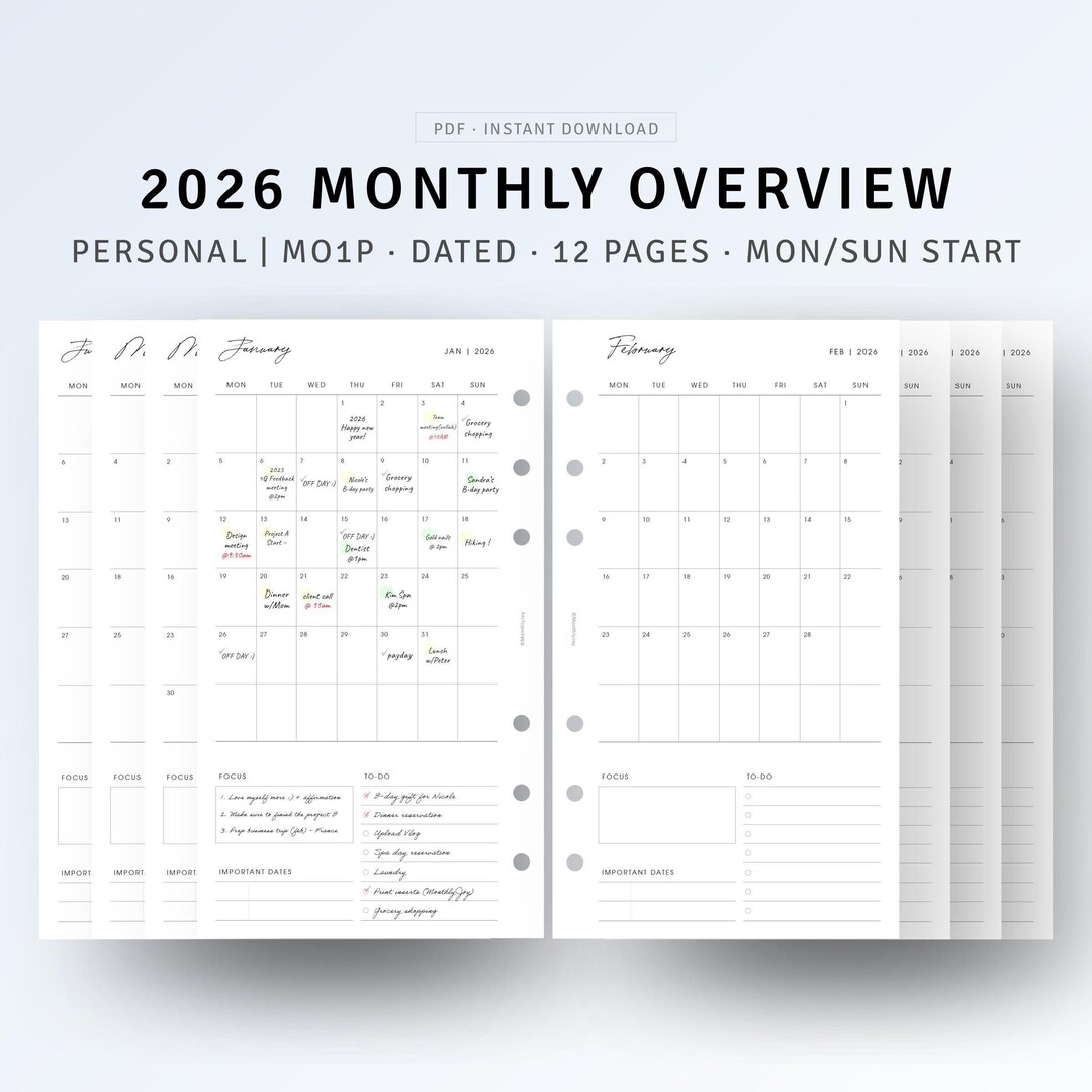 2026 Personal Size Monthly Planner Inserts, Month on One Page, Dated ...