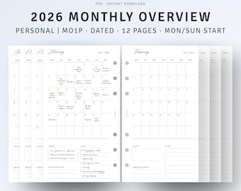 2026 Personal Size Monthly Planner Inserts, Month on One Page, Dated Personal Planner Refills, Minimal Printable Calendar, Digital Download