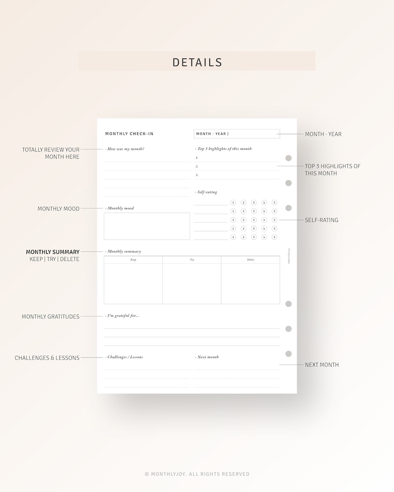 May include: A printable monthly planner page with sections for reviewing the month, monthly mood, monthly summary, monthly gratitudes, challenges and lessons, and next month. The page includes a self-rating section with a grid of numbers 1 through 5.