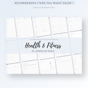 May include: A digital planner bundle for health and fitness. The bundle includes 15+ printable planners in personal size. The text "Health & Fitness Planner Bundle" is displayed in the center of the image.
