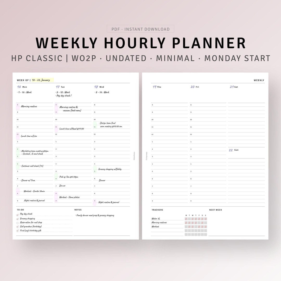Undated Weekly Planner Printable HP Classic Ring Inserts, Daily Hourly ...
