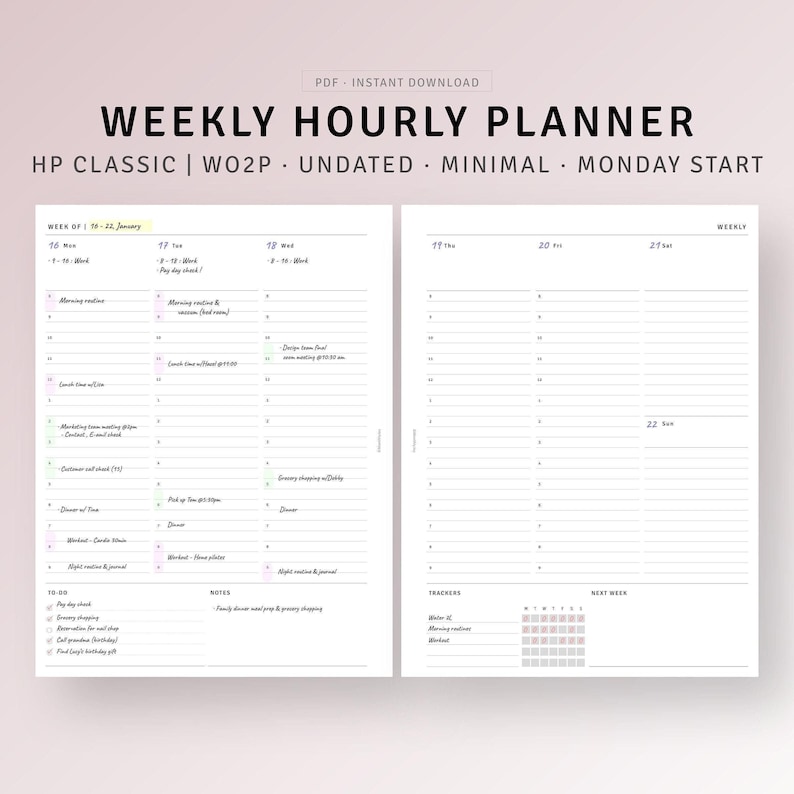 Undated Weekly Planner Printable HP Classic Ring Inserts, Daily Hourly ...