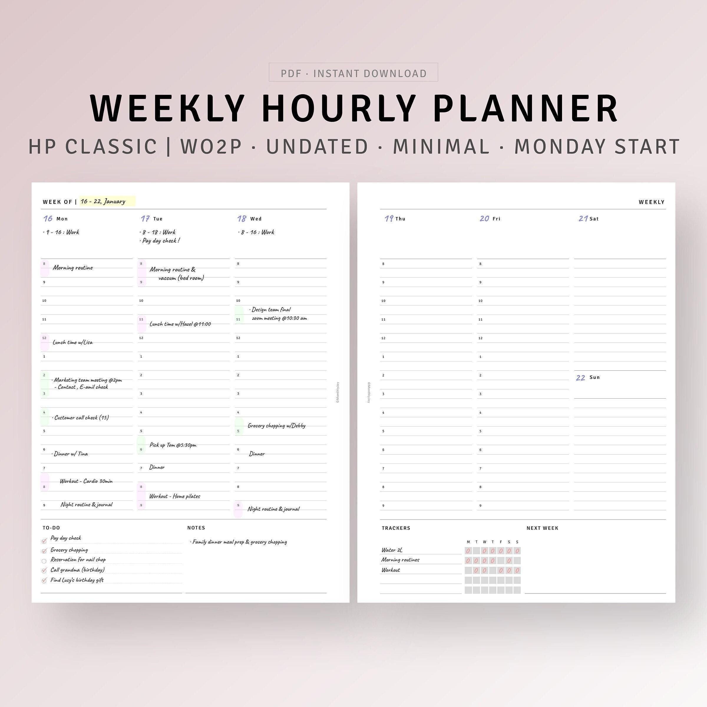 Undated Weekly Planner Printable HP Classic Ring Inserts, Daily Hourly ...