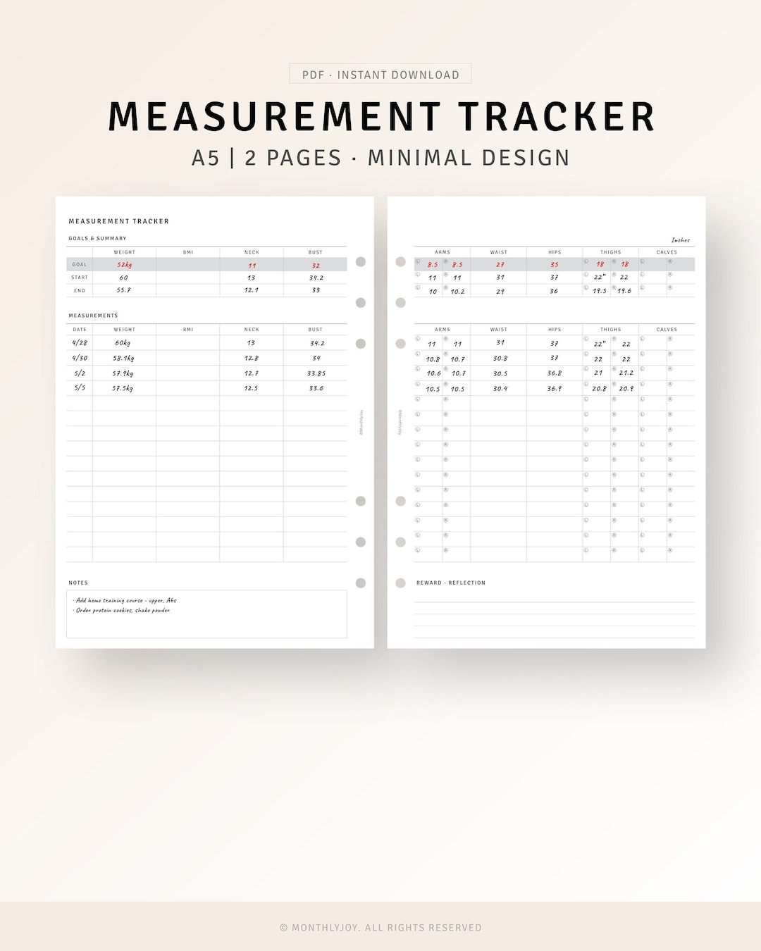 Body Measurement Tracker A5 Size Inserts Printable Weight Loss Tracker ...