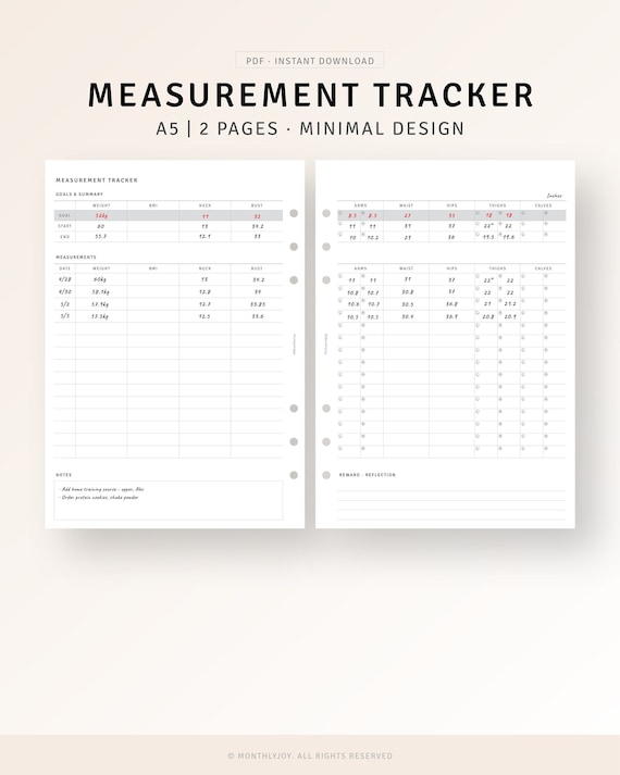 Body Measurement Tracker A5 Size Inserts Printable Weight Loss Tracker Template, Health Planner, Fitness Journal, Diet Progress Chart PDF