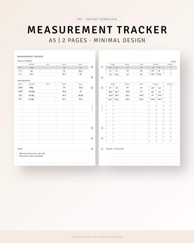 May include: A black and white printable measurement tracker with two pages. The left page has sections for weight, neck, bust, and notes. The right page has sections for arms, waist, hips, thighs, calves, and reward/reflection.